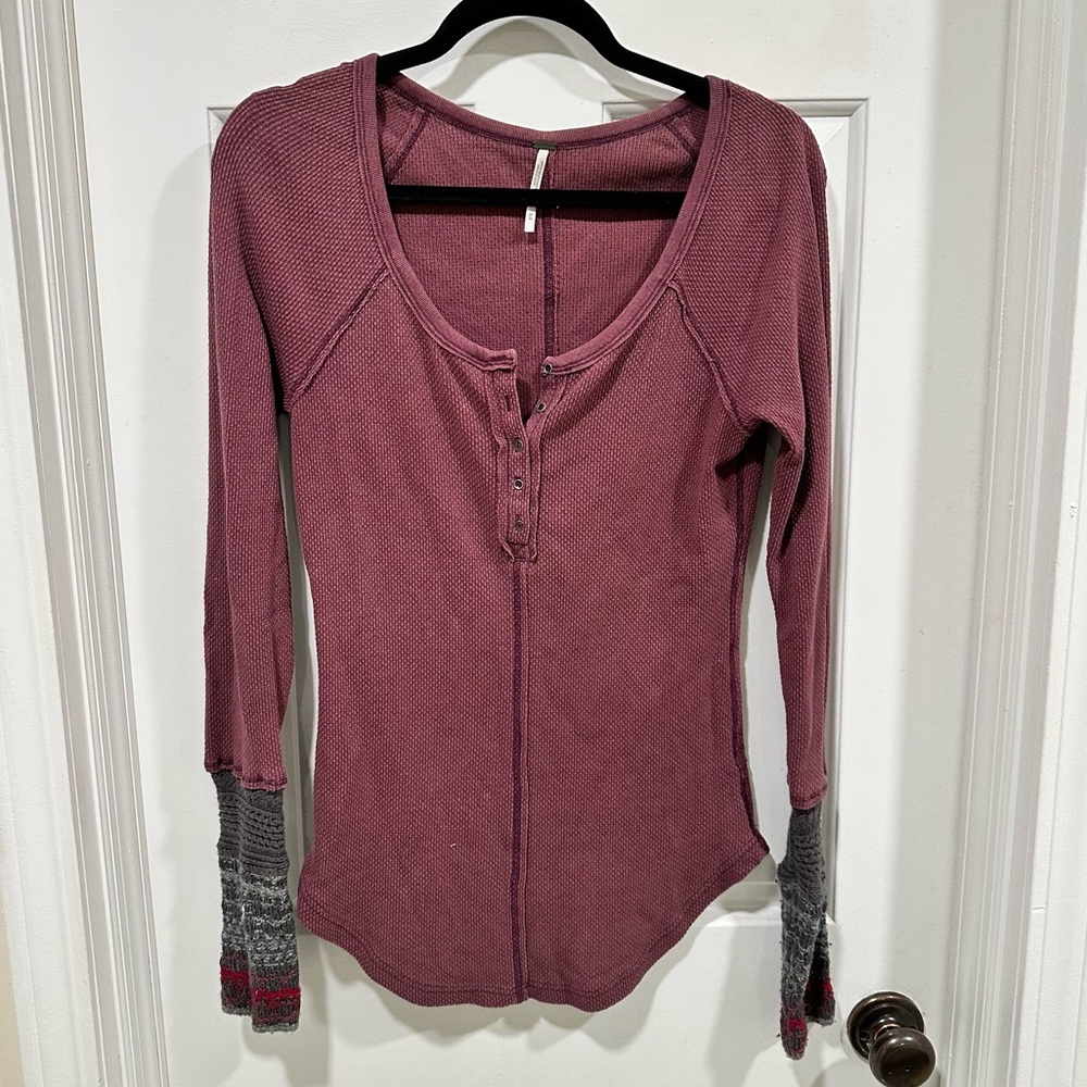 Free People Purple Plum Henley with Crochet Knit Sleeves - Size Medium